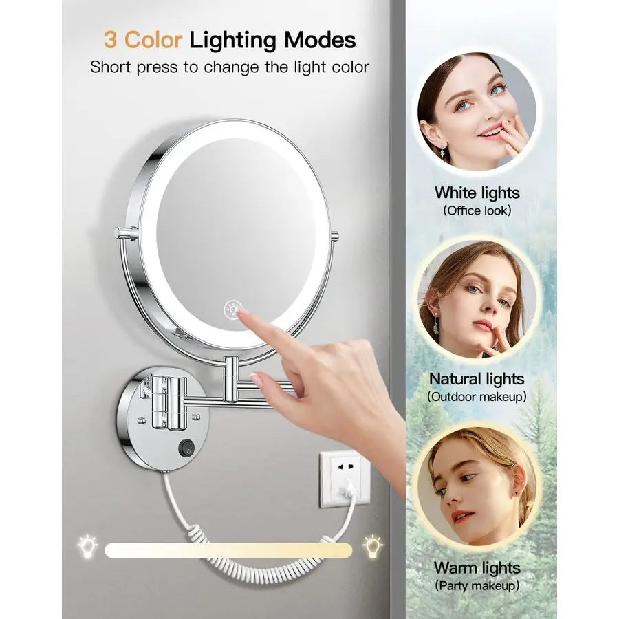 9 Wall Mounted Lighted Magnifying Mirror, 1X 10X Magnification DoubleSided LED Bathroom Mirror, 3 Color Lights amp Stepless Dimm
