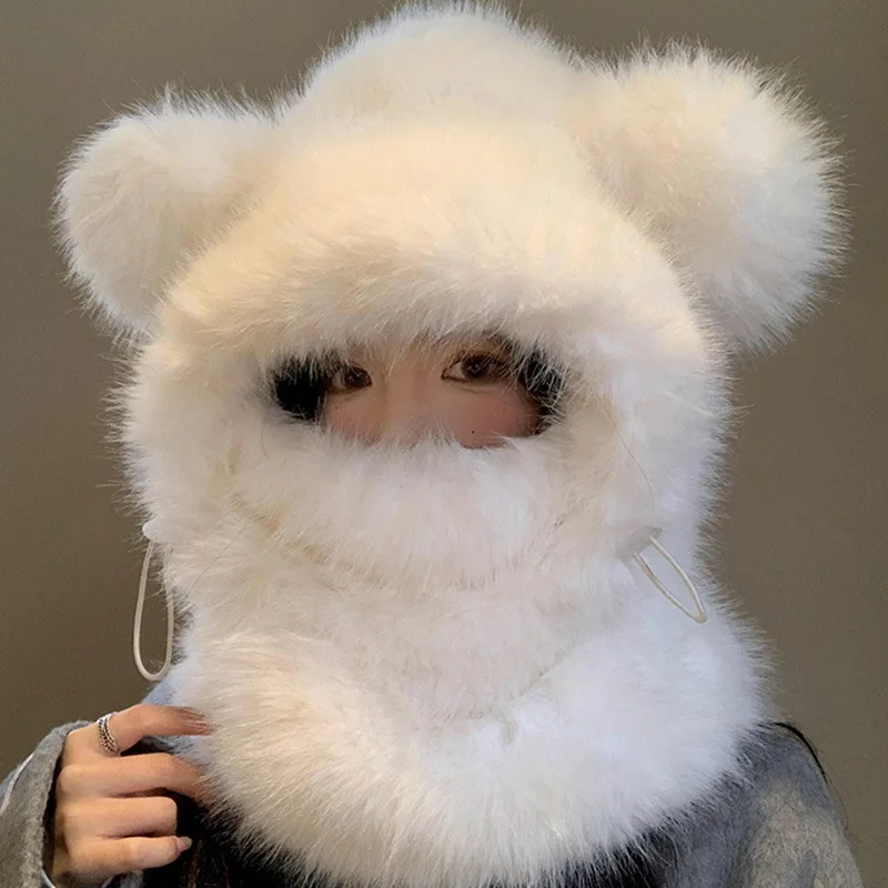 Winter Cute Teddy Bear Ear Plush Hat Windproof Ultra Soft Plush Cozy Thicken Faux Fur Scarf Integrated Hat Balaclava Cap Women