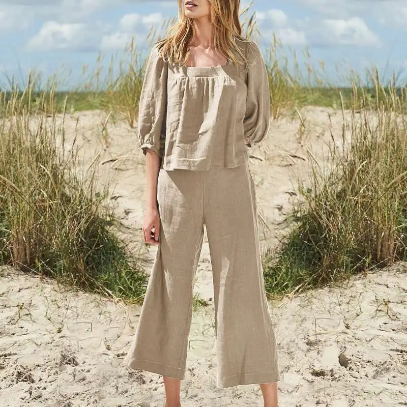 Women's Two-piece Solid Color Square Neck Cotton Linen Casual Long Sleeved Loose Pants Set 2024