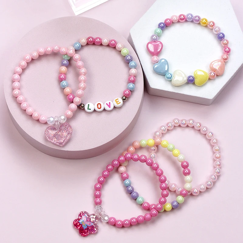 6Pcs/Set Colorful Acrylic Beaded Bracelet Party Bracelets Heart Candy Color Beads Children Beads Bracelets Set For Girls Gift