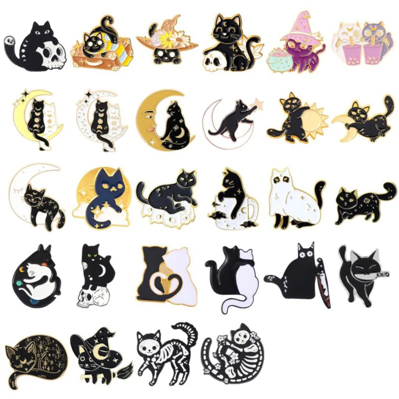 Cat Brooch Skull Cat Brooch Halloween Wizard Hat Couple Cat Sun Moon Cat Brooch Black White Cat Alloy Enamel Badge Lapel Pins