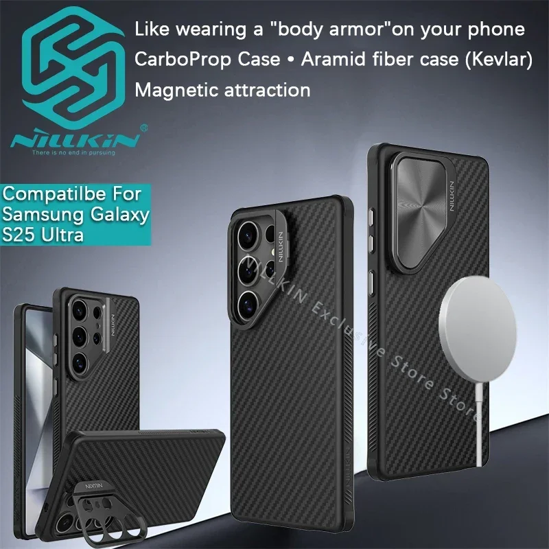 Nillkin For Samsung Galaxy S25 Ultra Magasfe CarboProp Magnetic Shockproof lens opening and closing cover supports phone case