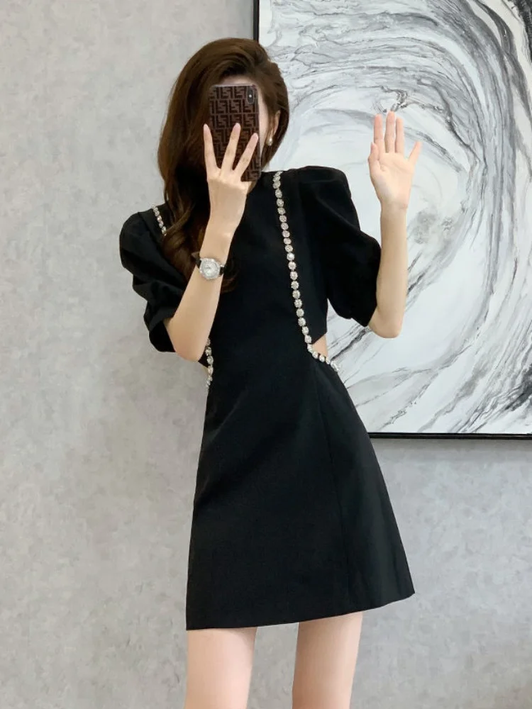 

Summer Dress Women Chic Black Hollow Out Tunic Aesthetic Elegant Fashion Classic Simple A-line Party French Style Puff Sleeve