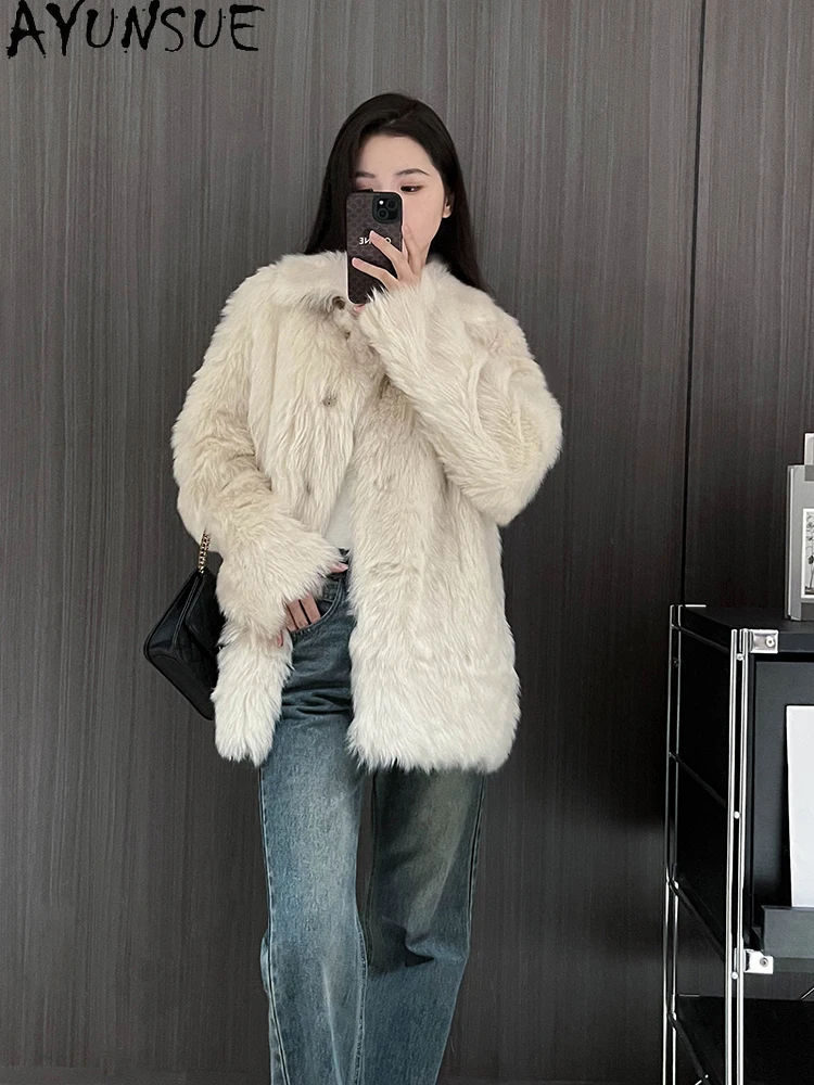 AYUNSUE 2025 Shearlingแจ็คเก็ตผู้หญิงกลางความยาวหรูหราเสื้อขนสัตว์สําหรับเสื้อผ้าผู้หญิงคุณภาพสูงฤดูหนาวเสื้อขนสัตว์то Ж