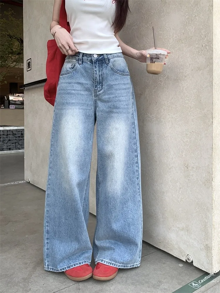 

Retro Washed High Waist Slimming Denim Jeans Women's Spring Blue Versatile Wide Leg Pants Floor-Length Casual Style