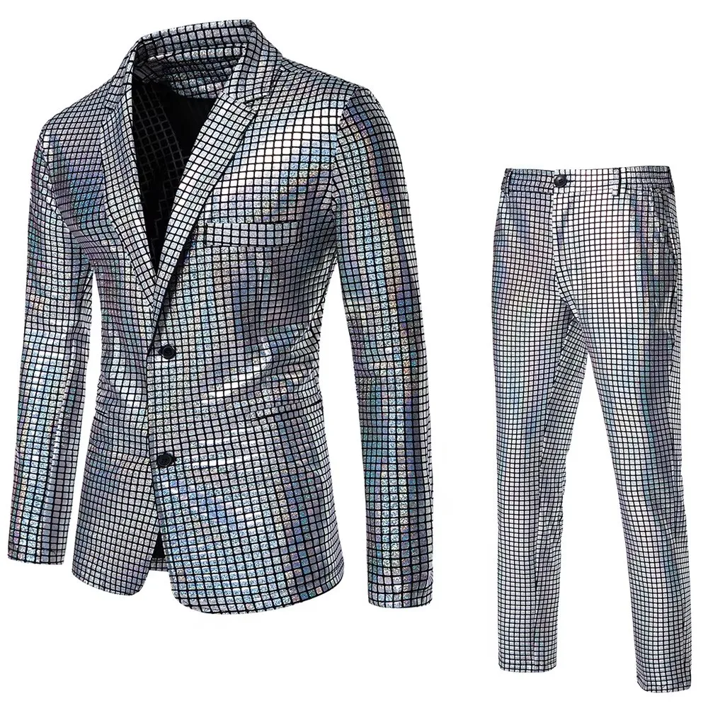 Conjunto de dos piezas de plata con lentejuelas ajustadas a la moda para hombre, traje con sello caliente, fiesta disco, Cosplay, escenario, fiesta en club nocturno, rendimiento fresco brillante