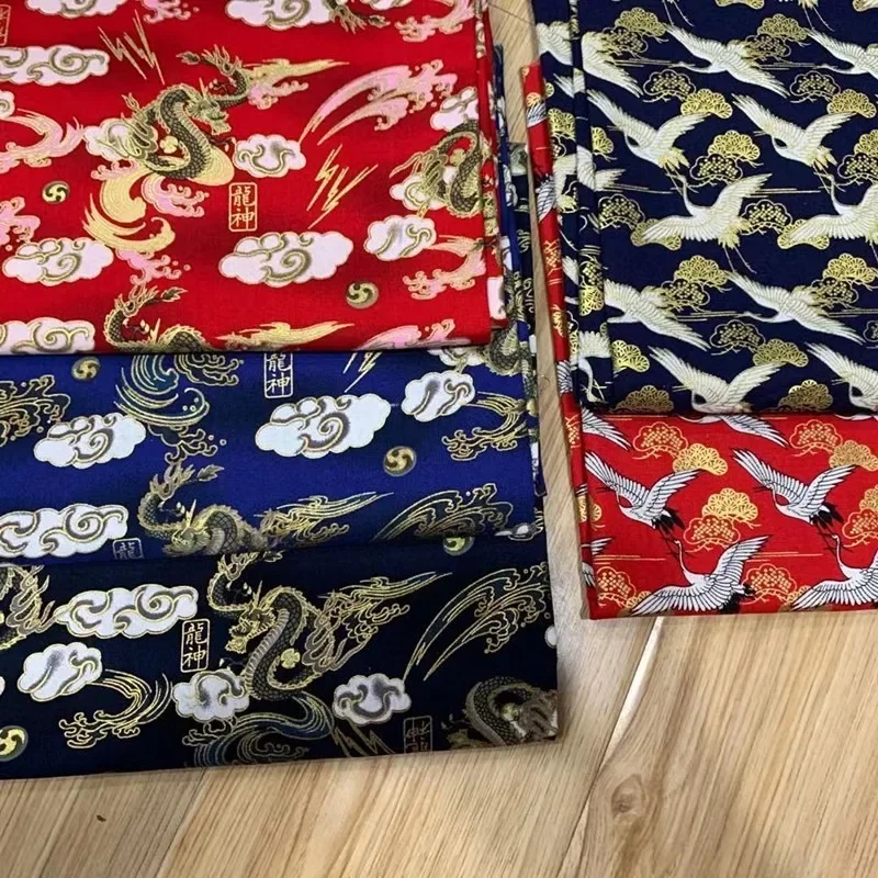 Printed Japanese Fabric Cotton Per Meter for Kimono Tablecloth Doll Clothes Bag Diy Sewing Bronzing Cloth Flower Dragon Red Blue