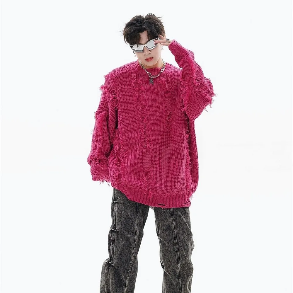 Ugly Torn Tassels Frayed Holes Loose Punk Gothic Pink Sweaters for Men Women Goth Y2k Streetwear Hiphop Winter Clothing Pullover