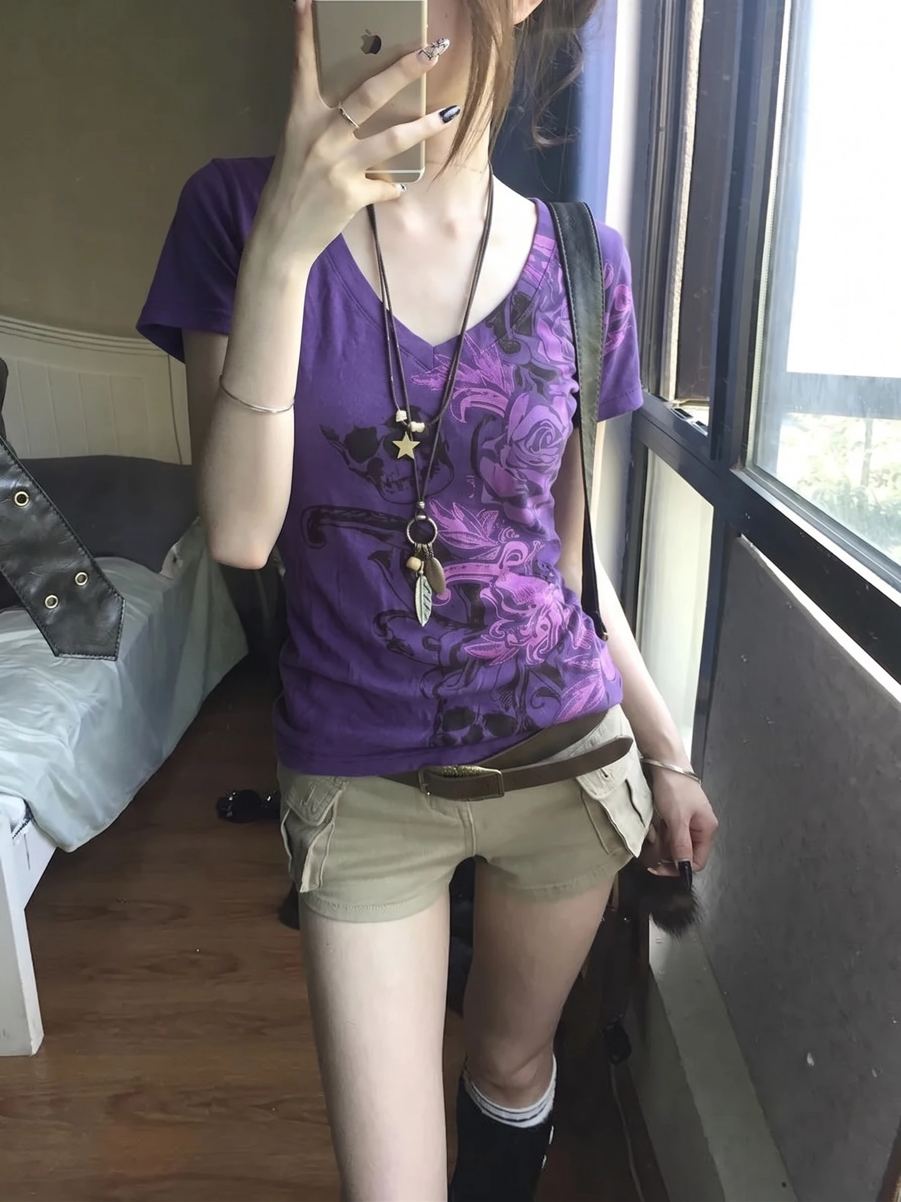 Japanese Subculture Vintage Gothic Purple V Neck Mini T-Shirt Skull Rose Print Back Twist Tie Slim Fitted Y2K Short Sleeve Top