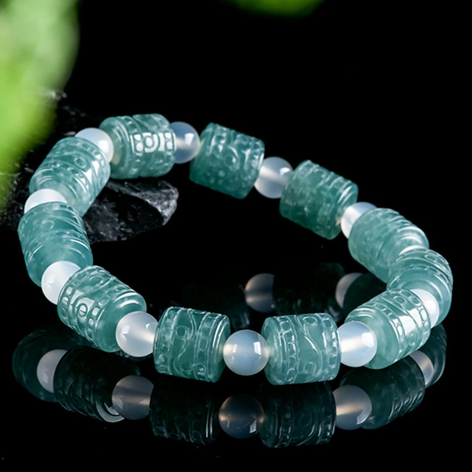 

Natural Grade A Jade Jadeite Men Women Lucky Carved Column Round Beads Bracelet