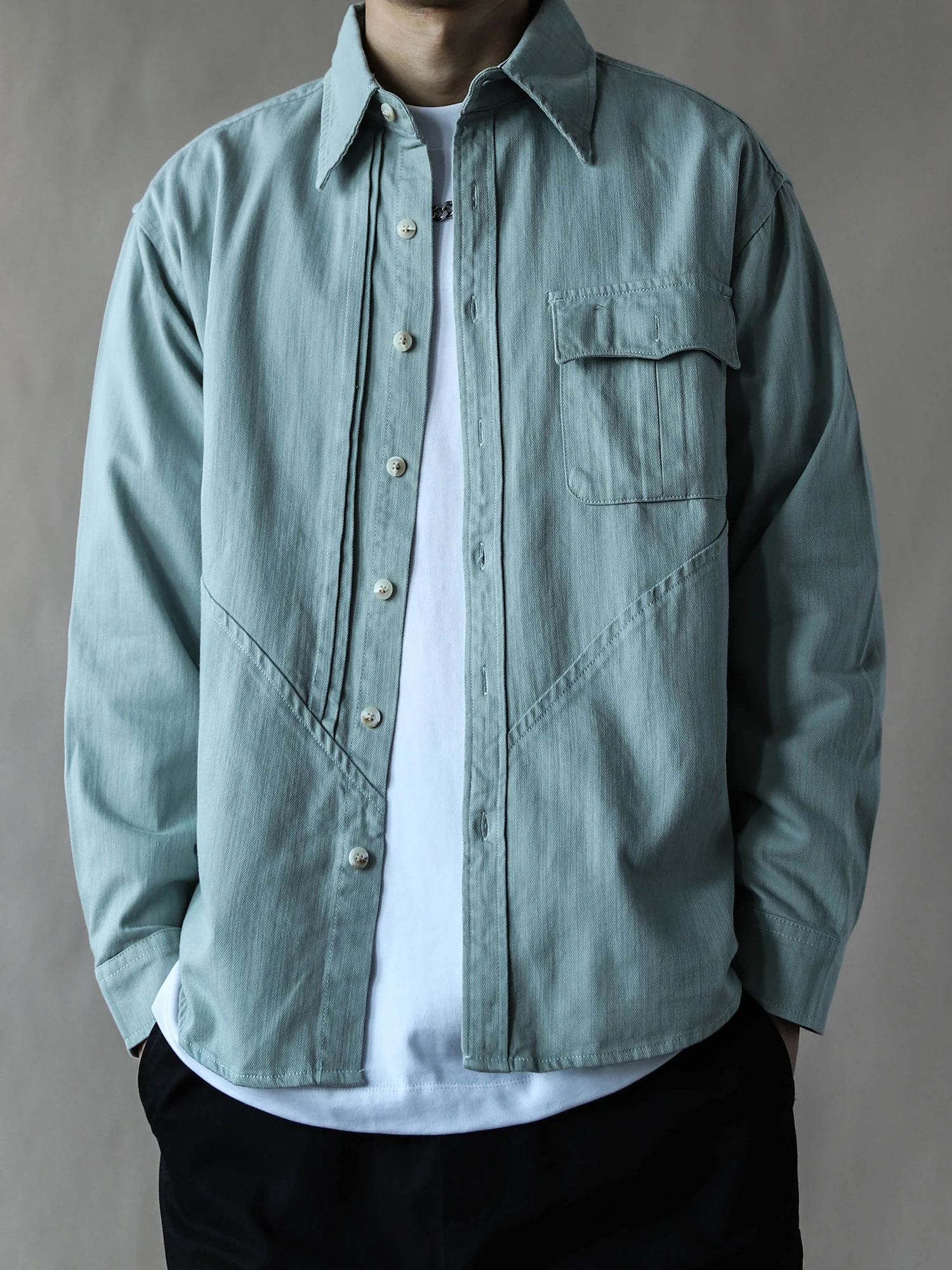 

Мужская рубашка-куртка в американском ретро-стиле, свободного кроя, с длинным рукавом, с воротником, весна-осень, синяя, однотонная, из плотной ткани