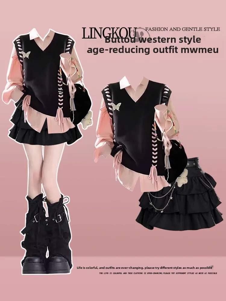 Primavera principios de talla grande tejido Mujer chaleco Boting irt Cake ort falda camiseta pieza conjunto Faionable moda chica traje