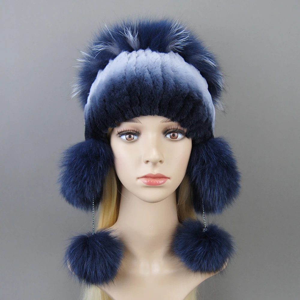 Elastic Knitted Rex Rabbit Fur Beanies Handmade Real Fur Hat with Fox Fur Ears Genuine Fur Snow Cap Bonnets for Women Designer