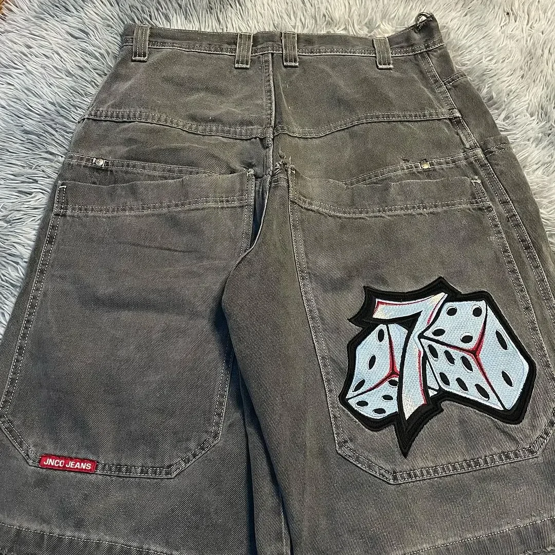 

JNCO Number 7 Dice Graphic Embroidered Jeans Shorts Men Women Hip Hop Vintage Baggy Black Denim Shorts Y2K Gothic Knee Pants