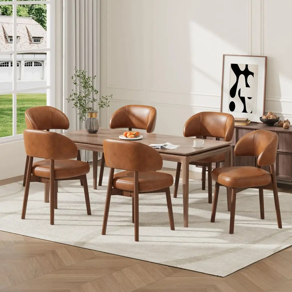 

Wooden Dining Chairs Set of 6, Modern holstered Dining Room Chair, PU Leather Kitchen Side Chairs with Curved Open Back for L