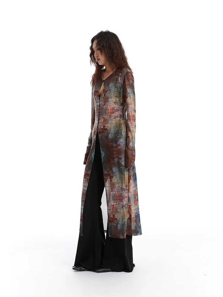 Vintage Oil Painting Printing Tops Mujer 2026 Summer New Mid-length Cardigans Y2k Long Sleeve Sun Protection Coat Women