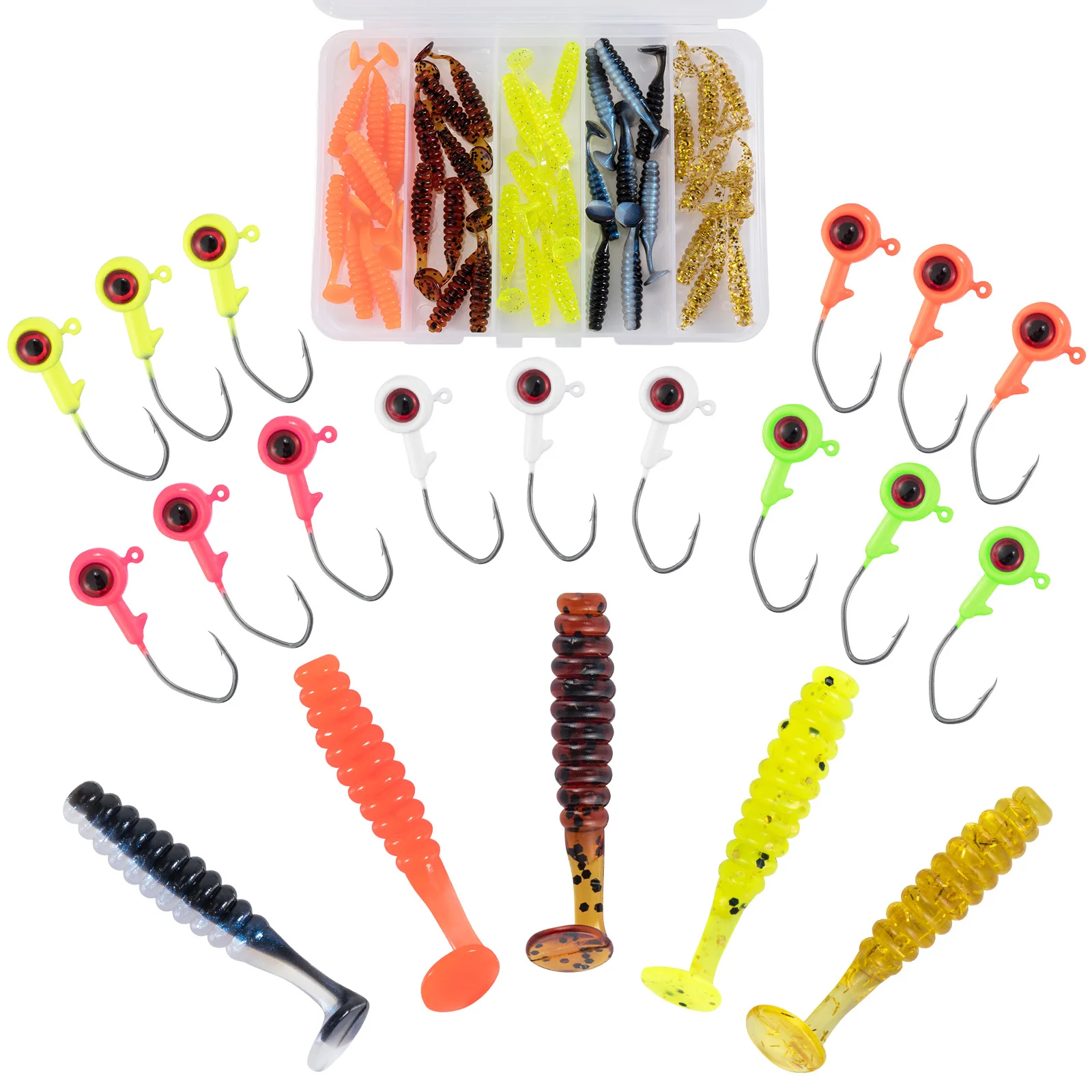 55pcs Crappie Jig Head Hook 4cm Paddle Tail Soft Plastic Fishing Lure Swimbait for Crappie Bluegill Panfish Bass