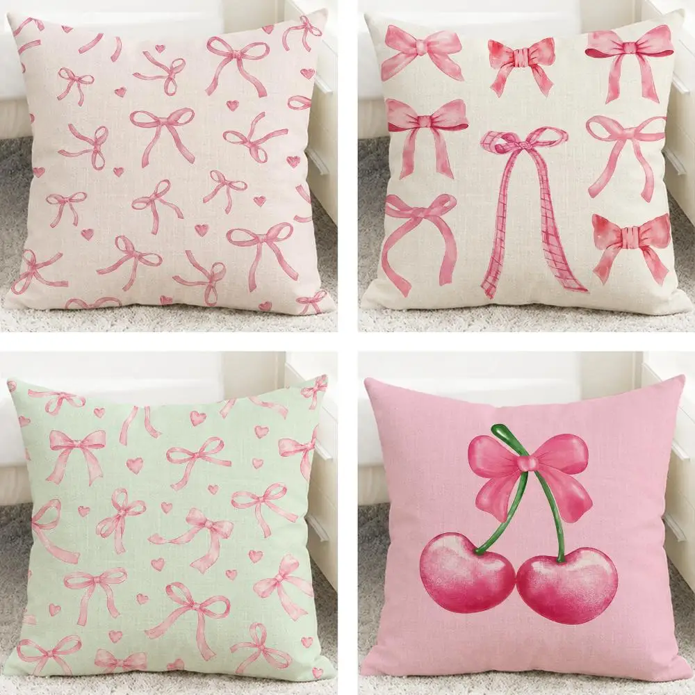 Pattern Pink Bow Cherry Cushion Cover Cushion Covers Natural Linen Breathable Sofa Bedroom Decor Pillowcase