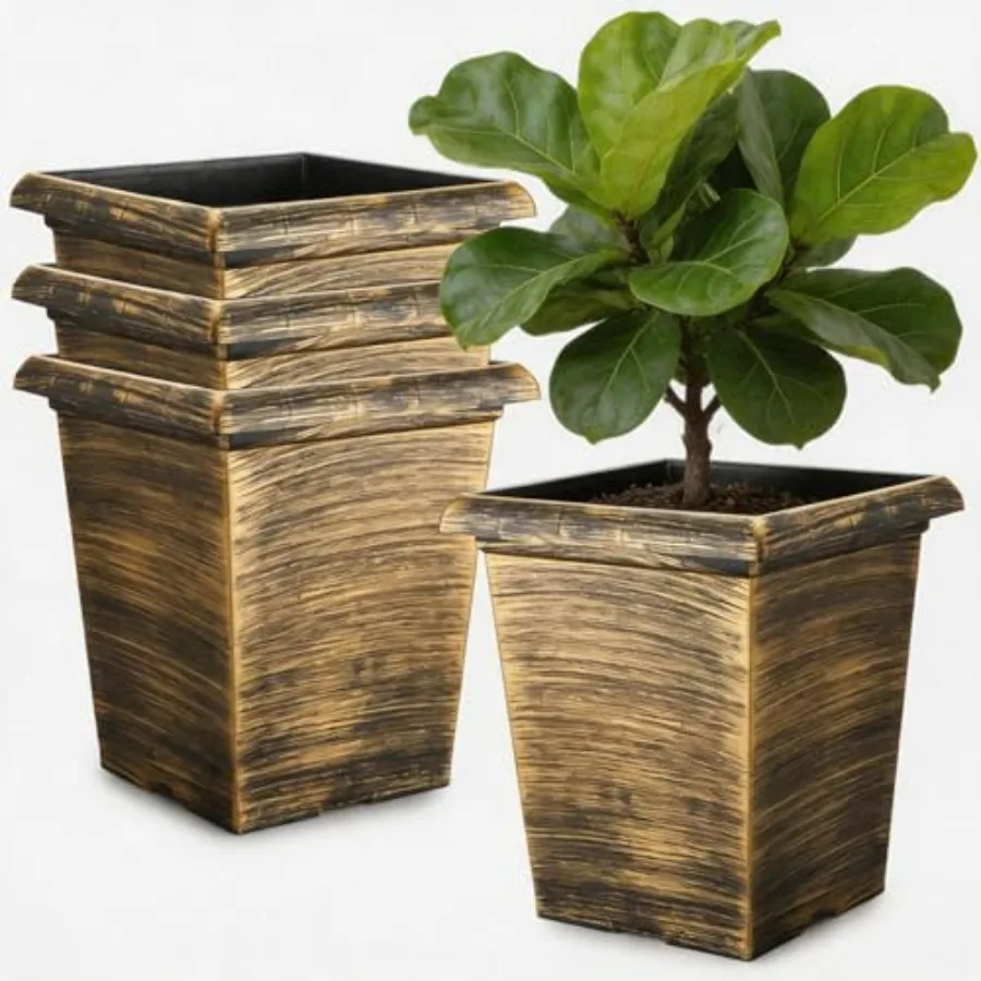 

Tall Outdoor Square Planter - 4 Pack 10 Inch Vintage Gold Faux Metal Plant Pot with Drainage Holes Raised Feet, 13 H Deep Root