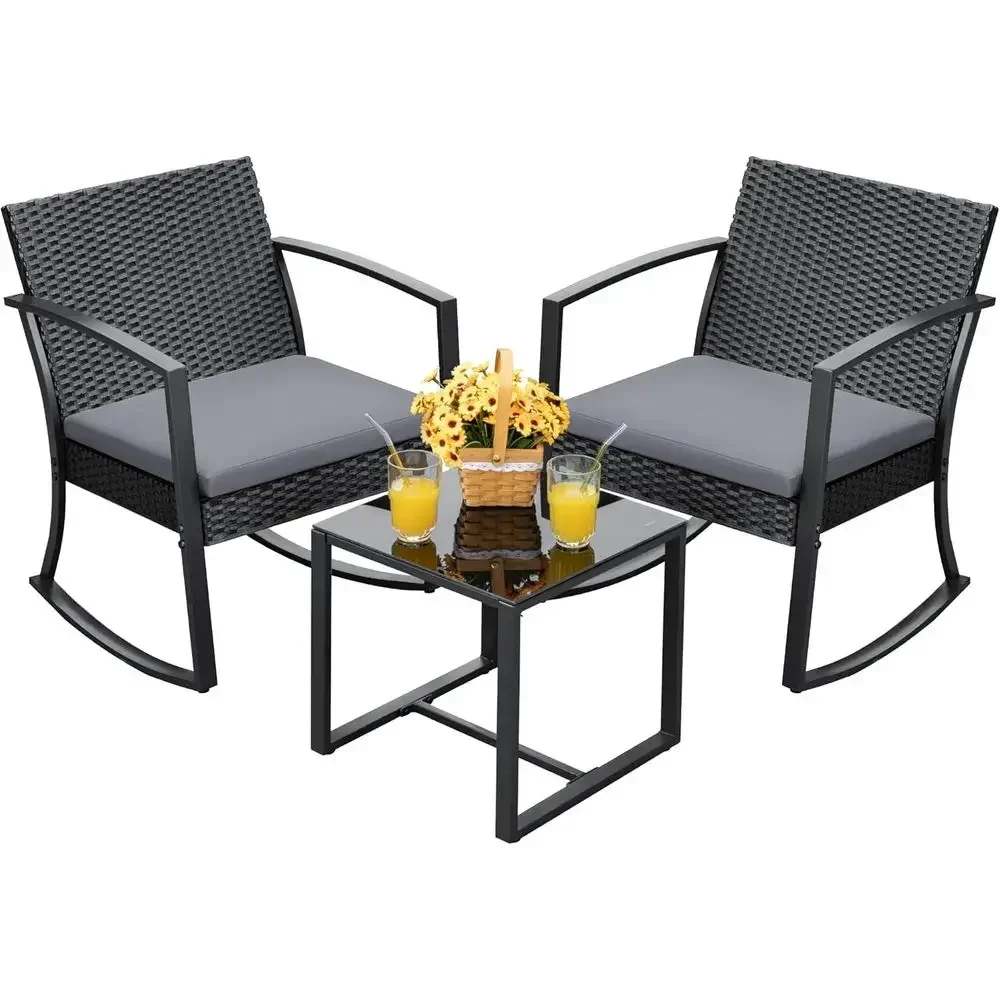 All-Weather 3-Piece Patio Rocking Chair Set with Cushions and Coffee Table (Gray)