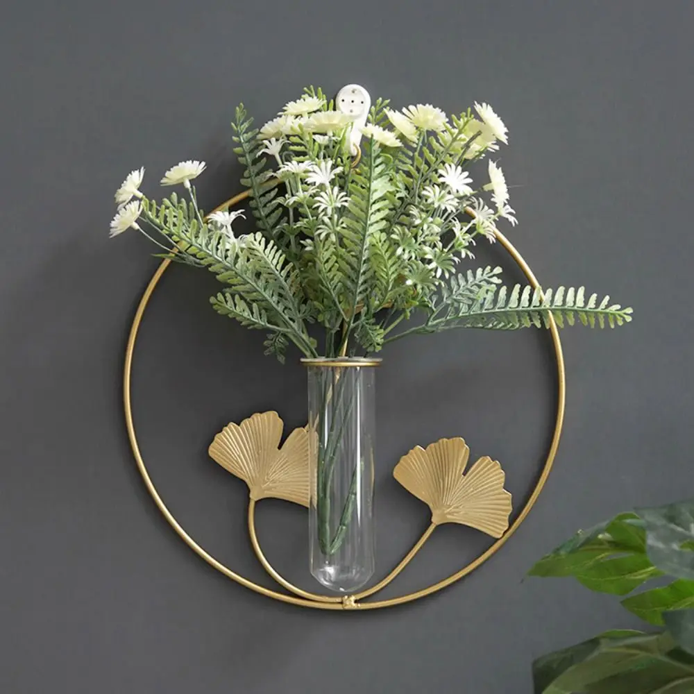 Flower Storage Rack Iron Ginkgo Wall Hanging Vase Hydroponic Containe Wall Ornaments Hydroponic Vase Test Tube Hanging Planter