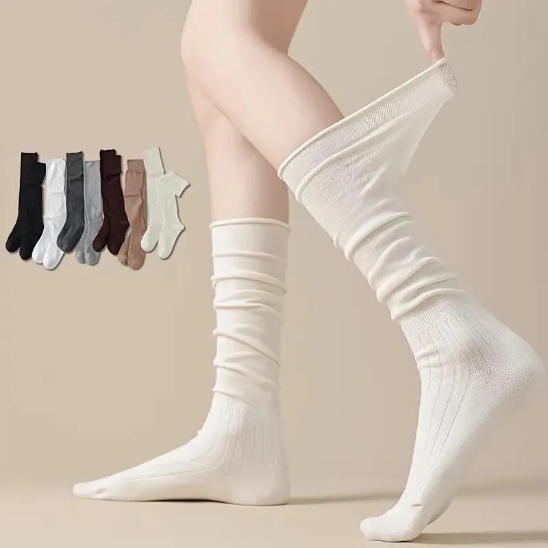 1/5 Paar elegante gerippte Damen einfarbige Wadensocken weich bequem modisch Frühling Herbst Freizeitstiefel Stapelsocken – Detail 1