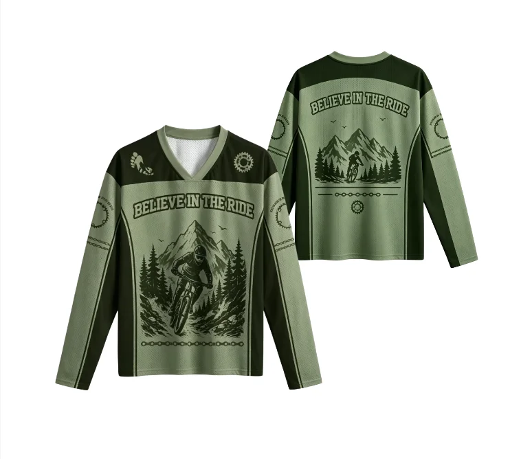 Vintage Mountain Bike Rider Print Long Sleeve Jersey Men Believe In The Ride Outdoor MTB Cycling V Neck Street Sport Top