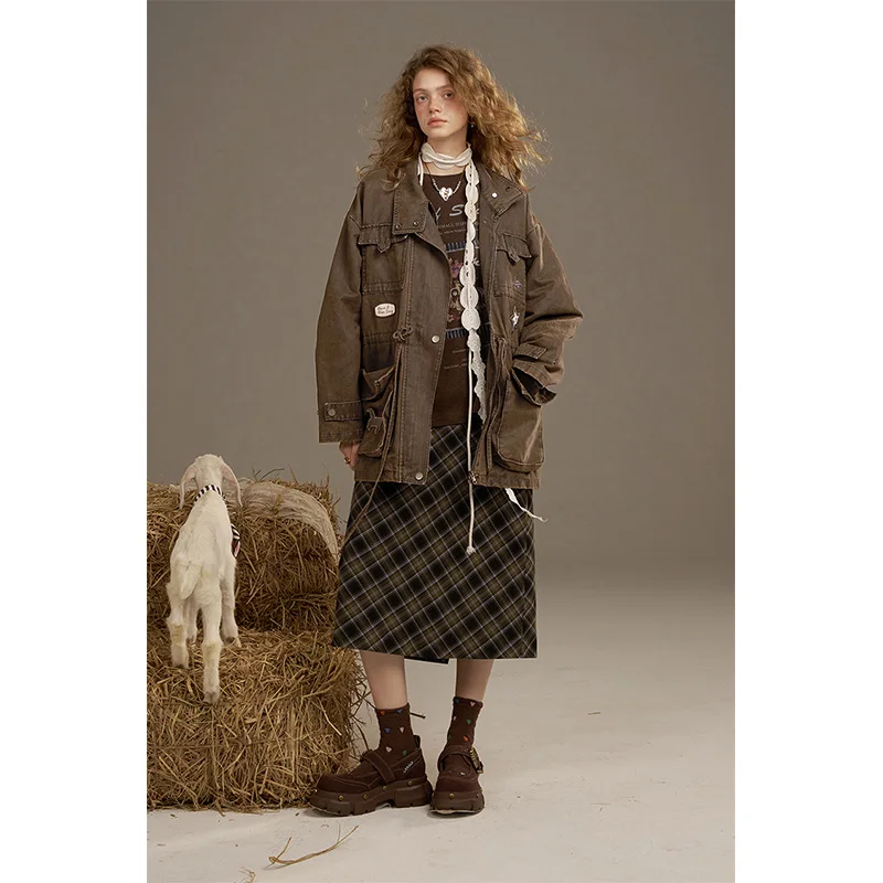 ELFSACK 2025 automne nouveautés Y2K décontracté rétro plusieurs poches veste en jean ample pour femme