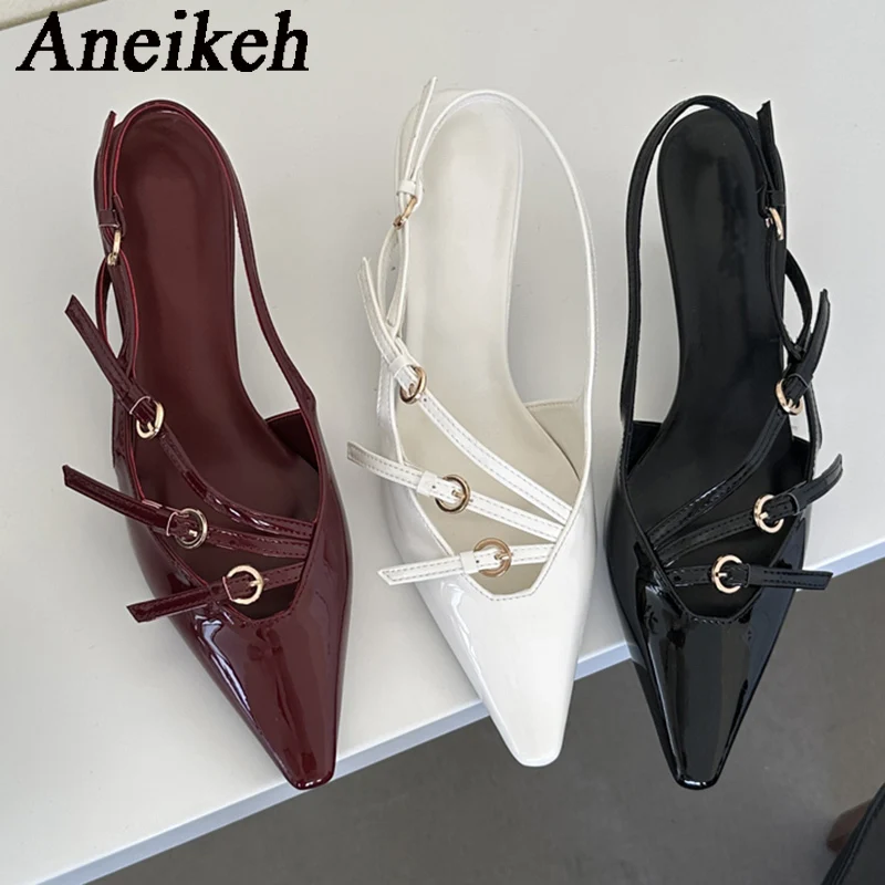 Aneikeh 2024 Designer Buckle Strap Narrow Band Pumps Women Sexy Pointed Toe Thin Heels Wedding Banquet Dress Mule Ladies Shoes