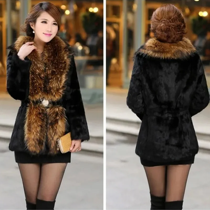 Vintage Women Winter Overcoat Slim Ladies Faux Fox Fur Collar Coat Fashion Elegant Female Outwear Warm Plush Women Cotton Cloths