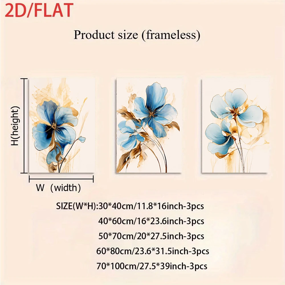 3PCS Frameless,1 set of abstract blue floral frameless decorative paintings, living room sofa, background wall, triptych paintin