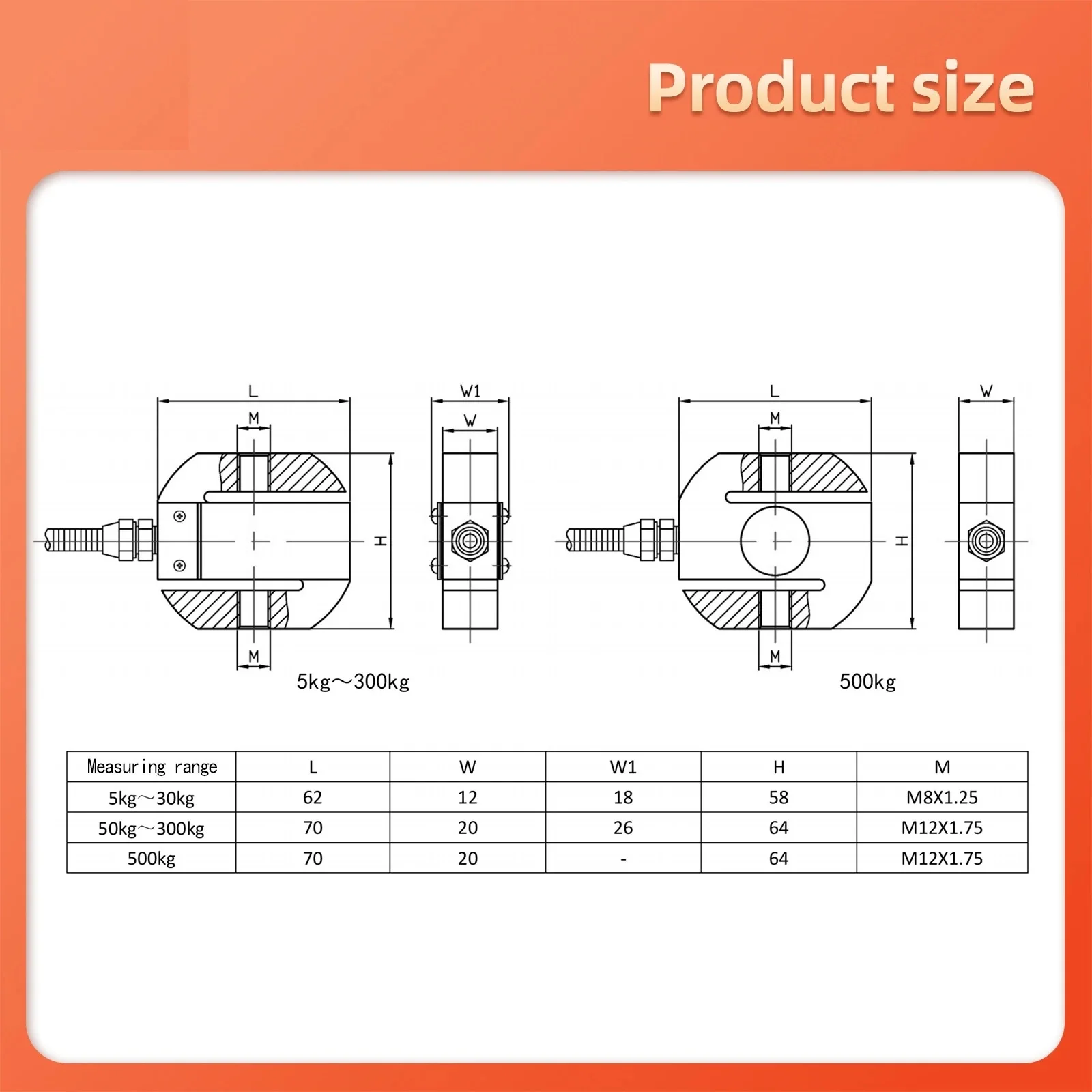 Load Cell Tension Scale Column S-Type Compression Weigh Sensor Electronic Force Pressure Weight 100/200/300/500/1000KG