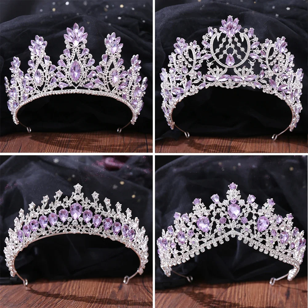 Silver Color Purple Crystal Crowns Bridal Tiaras Fashion Queen Rhinestone Diadem Headpiece Wedding Hair Jewelry Accessories Gift