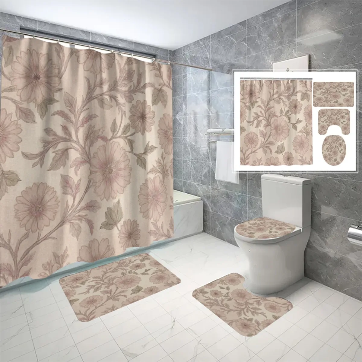 

4 шт. Набор для ванной комнаты с розовым цветочным узором, занавеска для душа с крючками, нескользящий коврик, чехол на сиденье унитаза, нескользящий коврик