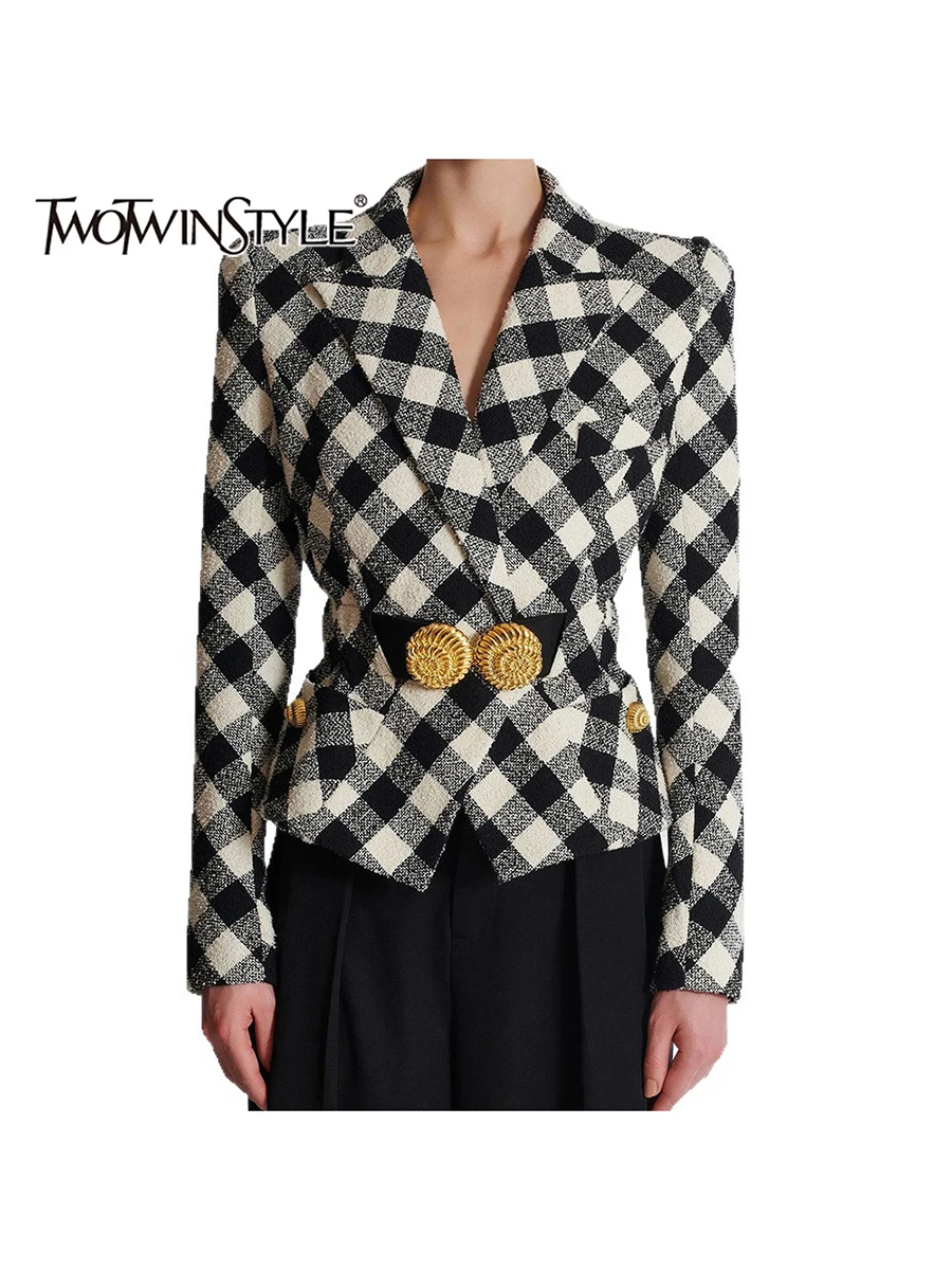 

TWOTWINSTYLE Hit Color Spliced Plaid Elegant Jackets for Women Lapel Long Sleeves Tunic Patchwork Sequined Jackets for Women New