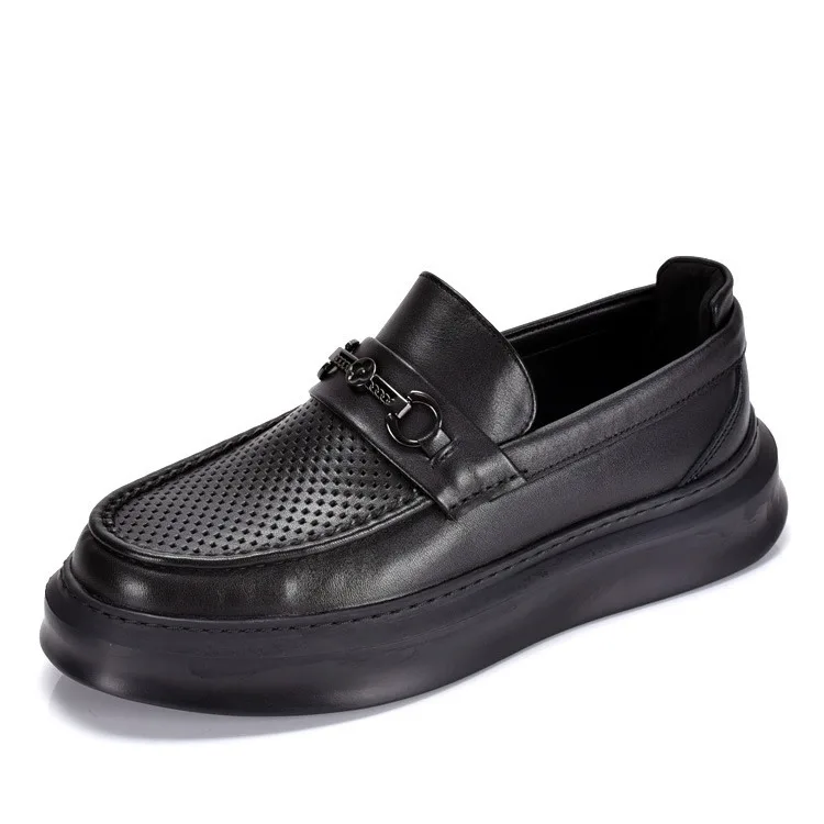 Perforated Leather Platform Loafers for Men Featuring Breathable Genuine Leather Upper and Non-Slip Rubber Sole Casual Footwear