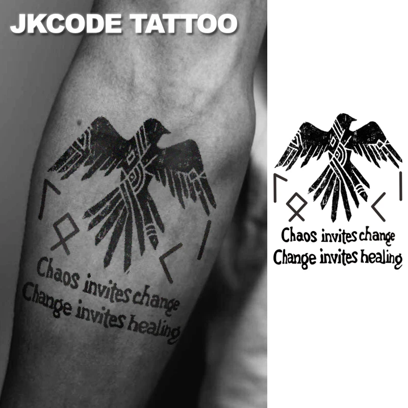 Herbal tattoo with ancient Viking peace totem - raven - ancient script 