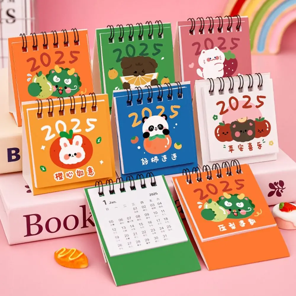 Mini calendario creativo de 2025, Mini calendario portátil de dibujos animados de frutas bonitas, lista de tareas, calendario con tapa de pie de papel grueso, administrar el tiempo