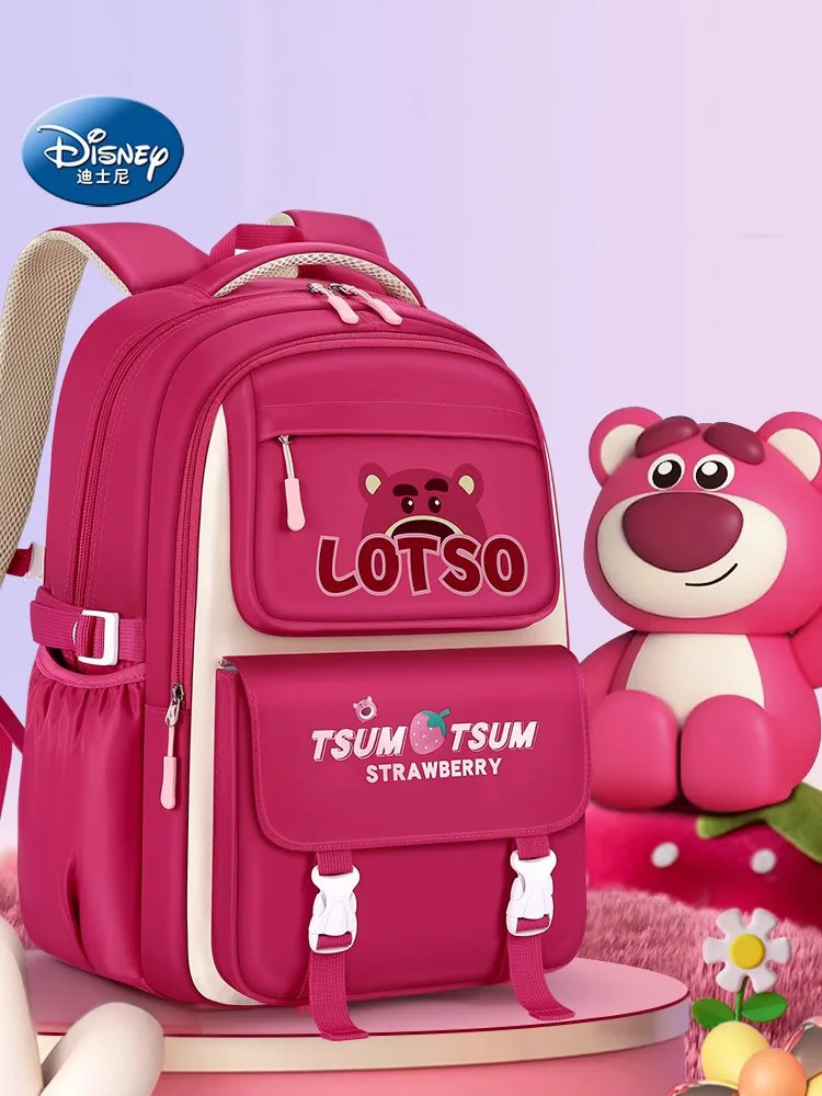 Ransel kartun Disney Lotso anak perempuan 6-15 tahun, tas punggung kapasitas besar siswa merah muda stroberi untuk anak perempuan 6-15 tahun