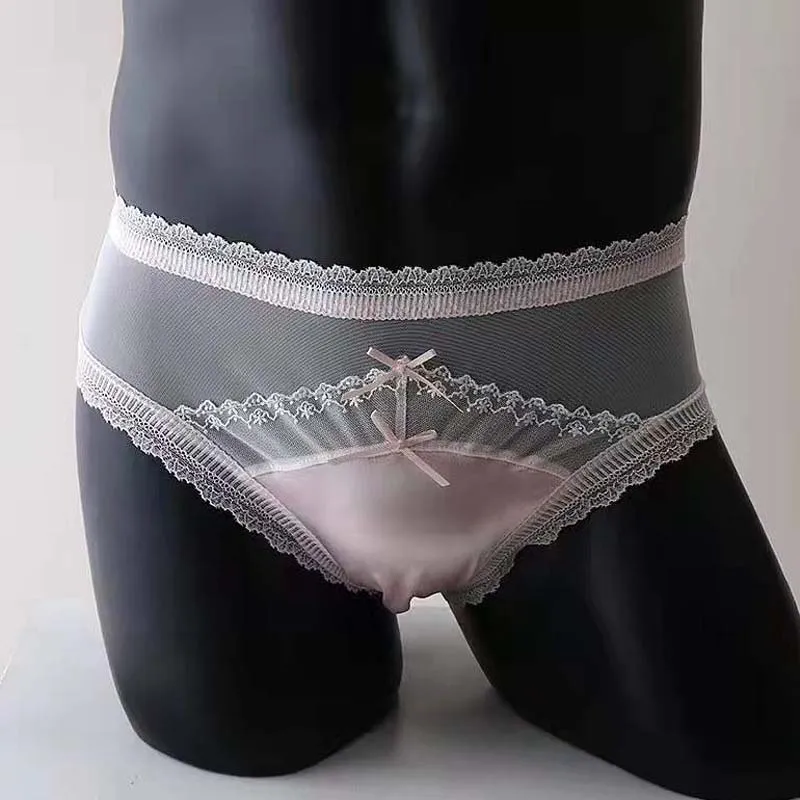 

Men's Sexy See Through Mesh Knicker Pink Bow Panties Lace Edge Briefs Sissy U Convex Soft Touch Panty BF Erotic Couple Underwear