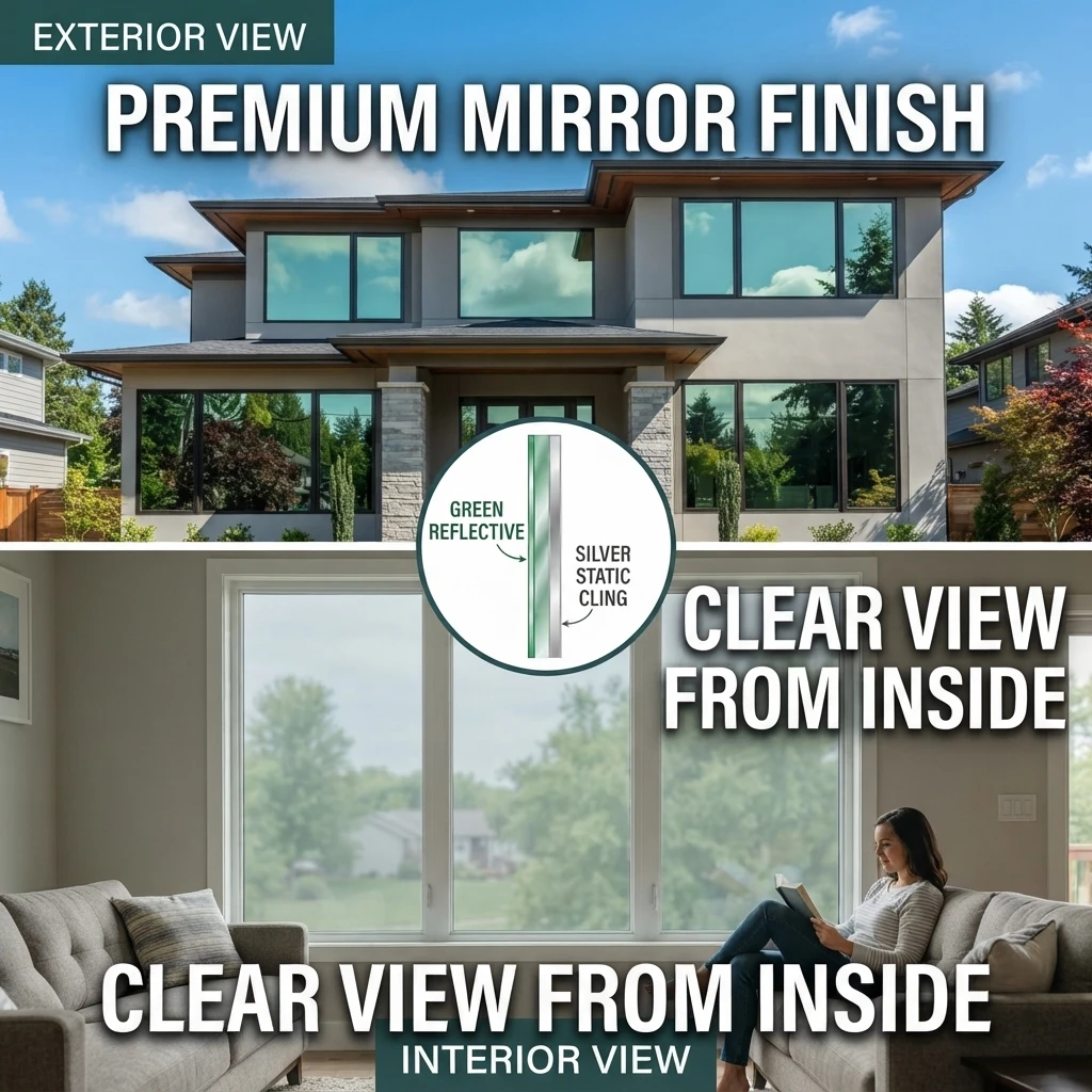 Green Silver Static Cling Window Film Heat & UV Blocking One-Way Daytime Privacy Mirror Tint Reusable No Glue Glass Sticker