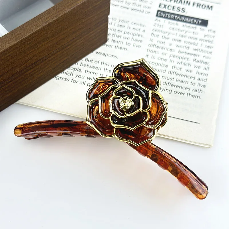 Hot Sale Round Rose Flower Hair Claw Clip ABS Gold Edge Marble Color Back Head Electroplated Hair Claw