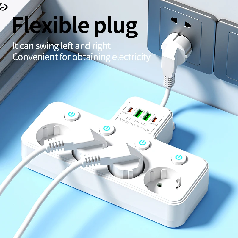 EU AC Plug Power Strip Wall Mounted Independent Switch Multitap Network Filter With USB C Charging Network Filter Adapt