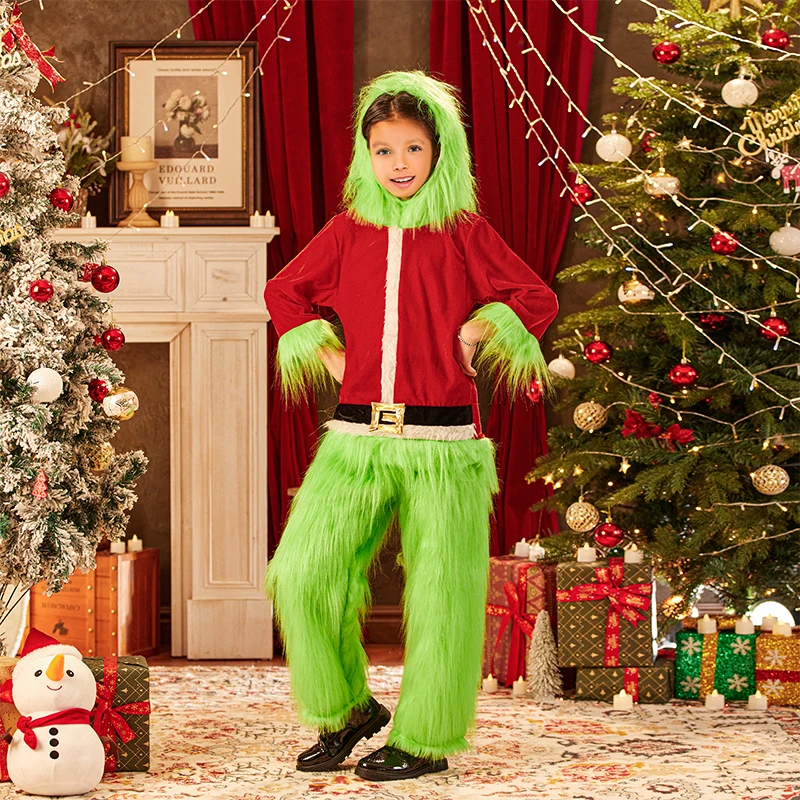 Costume de cosplay de Noël pour petits enfants, monstre à fourrure verte, père Noël à capuche, pantalon flou vert Y, ensemble pour garçons et filles