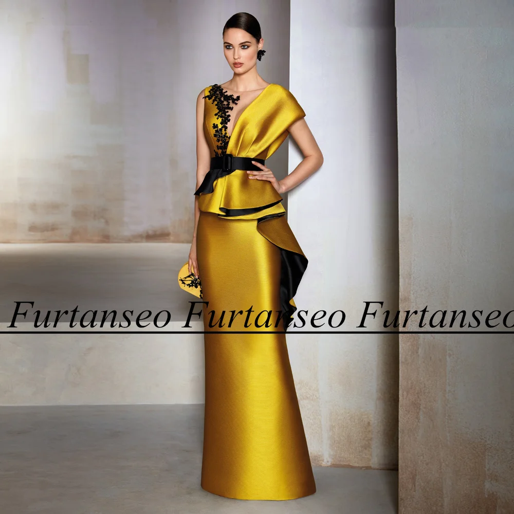 Furtanseo-Vestidos dorados para madre de la novia, apliques negros con cuello redondo, vestidos de fiesta de boda, longitud hasta el suelo, vestidos de invitados de sirena de satén