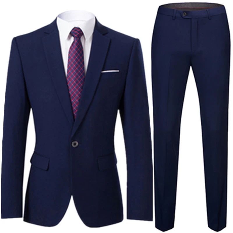 2023 New Men\'s Boutique Single Button Black Collar Suit Pants 2 Pcs Set / Male Slim Professional Blazers Jacket Coat Trousers