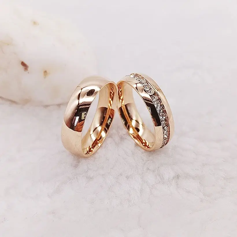 1 par de anillos de boda para parejas para hombres y mujeres, titanio dorado rosa, eternidad, Circonia cúbica, bandas de amor, alianzas, regalos de San Valentín