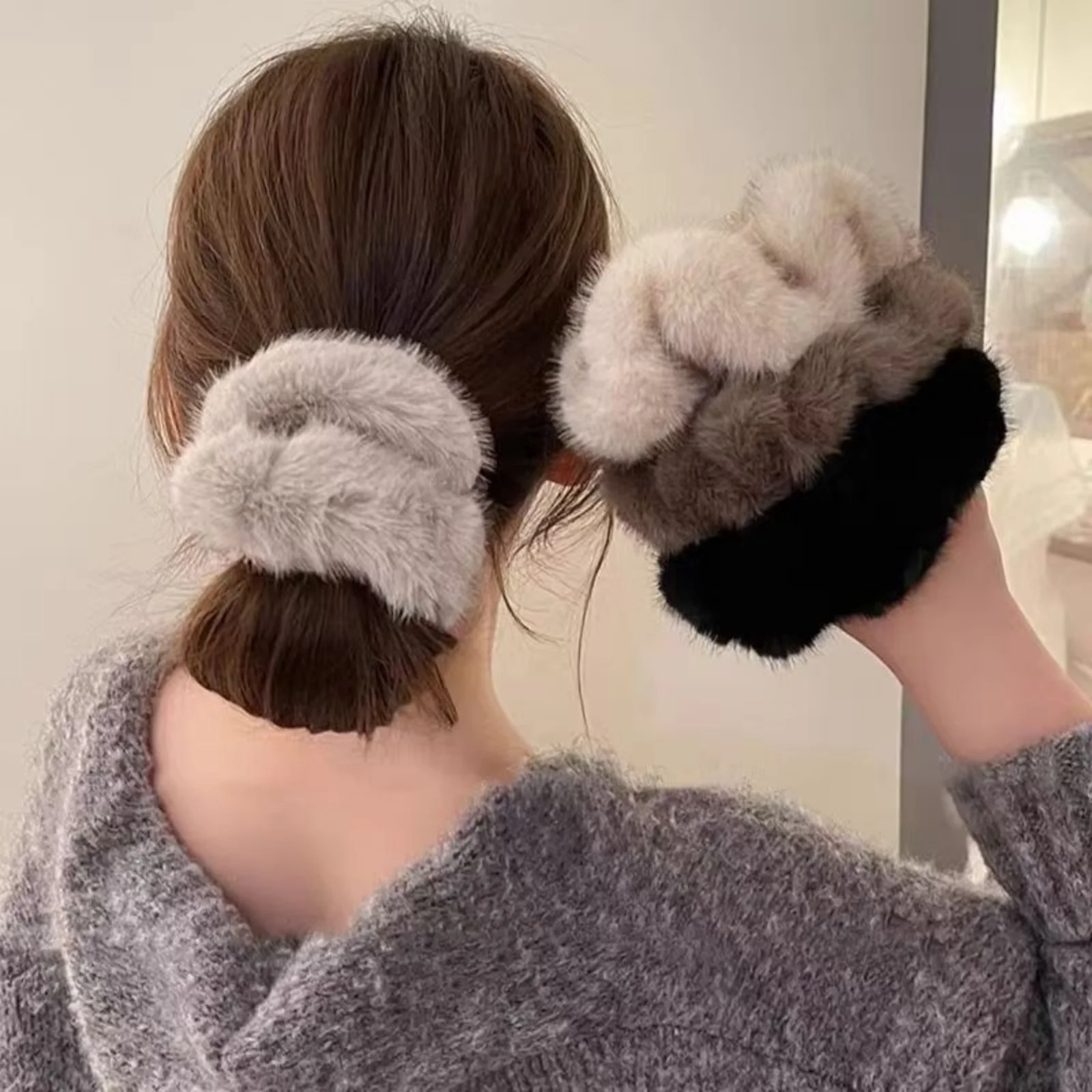 Große Größe Süße Weiche Flauschigen Plüsch Einfarbig Elastische Haarband Scrunchies Frauen Mädchen Herbst Winter Haar Ring Haar Zubehör – Detail 2
