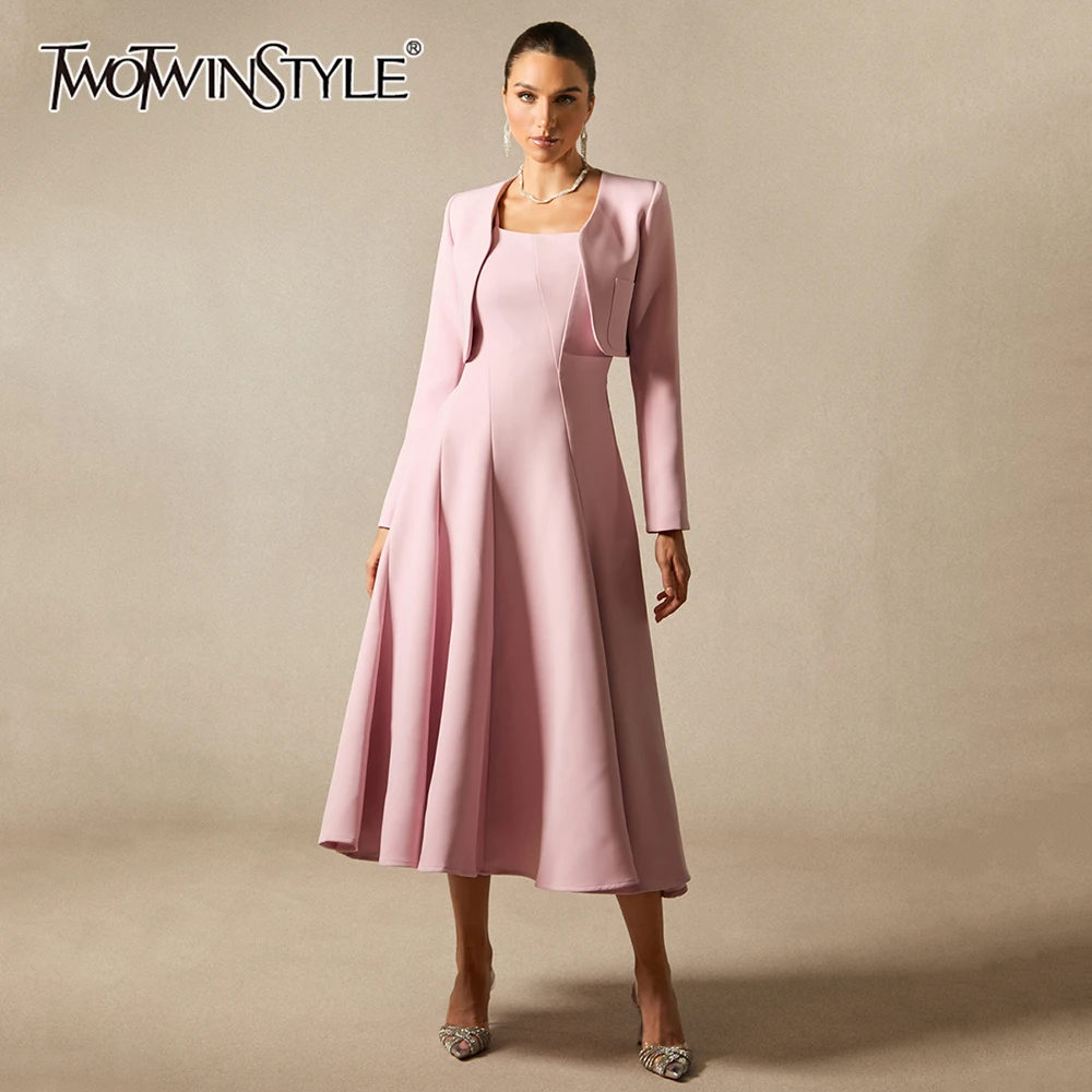 

TWOTWINSTYLE Pink Temperament Two Piece Sets for Women O Neck Long Sleeves Top Square Neck Sleeveless Dress Set Female Clothing