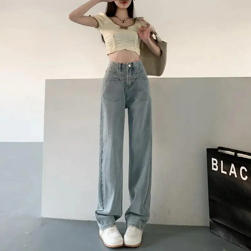 2024 High Waisted Jeans Women New Button Full Length Wide Leg Denim Pants Fashion Vintage Y2K Light Blue Loose Trousers